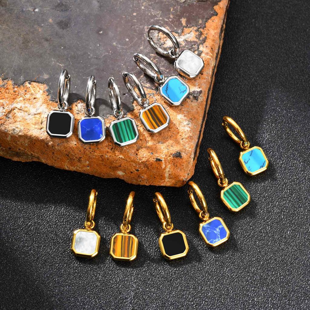 Trendy Geometric Tiger Eye Natural Stone Pendant Earrings for Men Boys, Blue Green Stone Stainless Steel Drop Earrings Jewelry