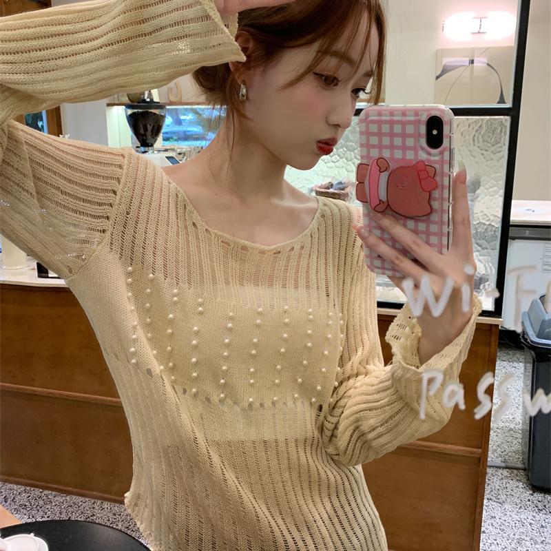 

Ажурный Прозрачный Тонкий Трикотаж Женский Летний Сексуальный Рубашка с Асимметричным Длинным Рукавом Защита от Солнца Верхняя Одежда Топ L абрикосовый