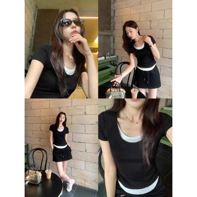 T-shirt da Donna 2026 Stile Coreano Patchwork Dimagrante Manica Corta