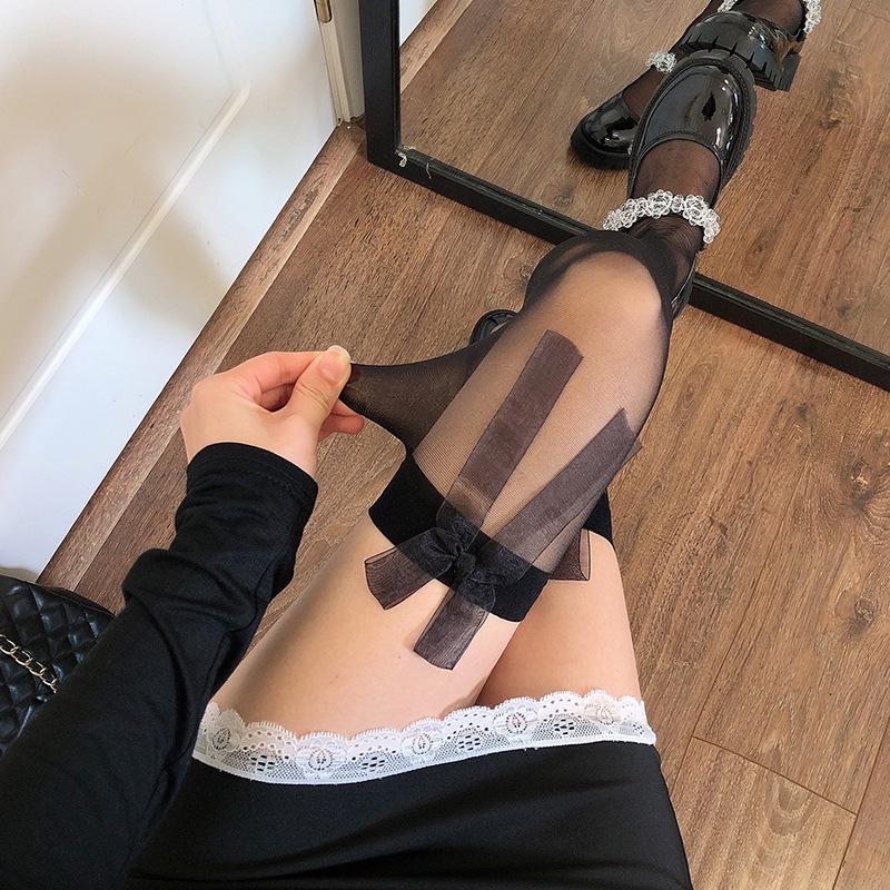 White Knee-High Socks – College Style JK Black Stockings with Bow