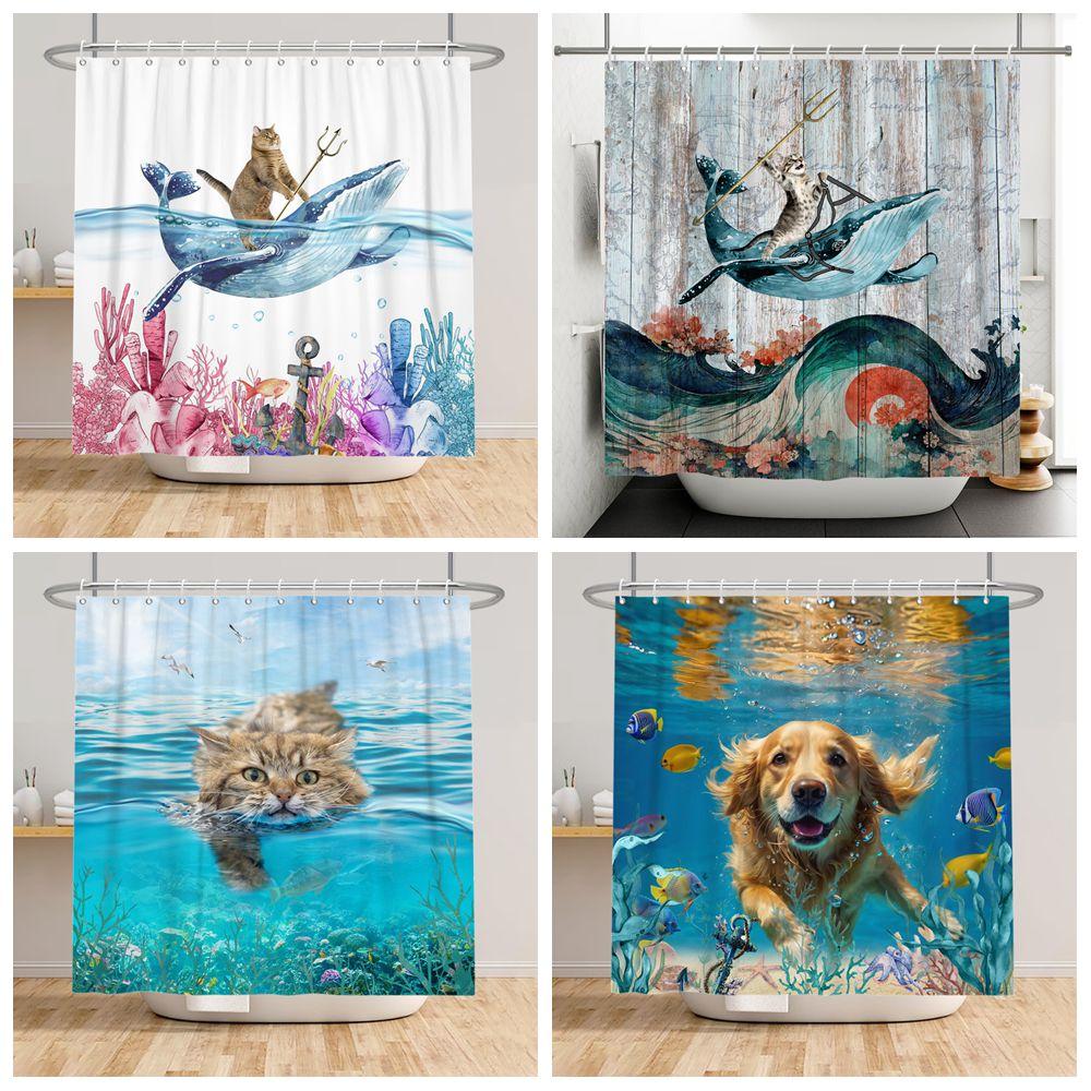 Funny Animals Shower Curtain Cartoon Cute Cats Dog Kids Curtain for Bathroom Waterproof Home Decoration Shower Curtains