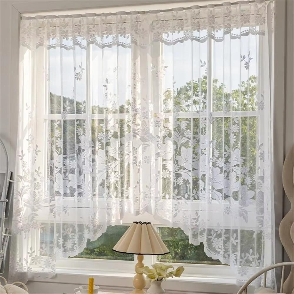 White Sheer Triangle Curtain Lace Jacquard Flowers Small Window Half Curtain Embroidered Short Valance Curtains Home Decor