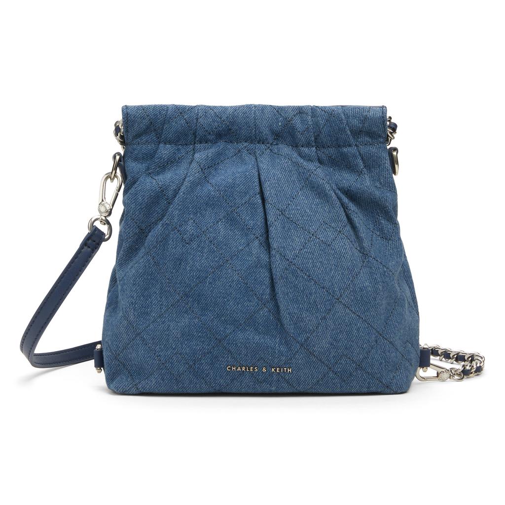 New CHARLES&KEITH PU, Textile Mixture Backpack Shoulder Bag Small Women's Dark Denim Blue CK2-60782390-1