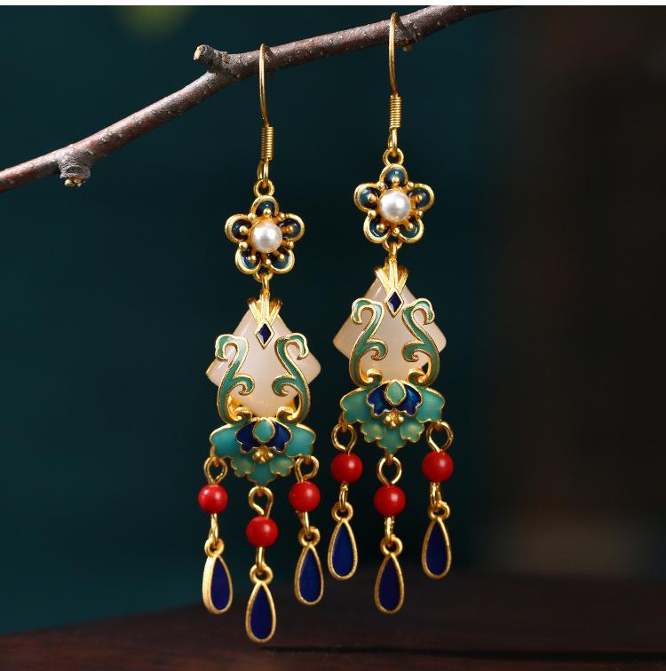 

Серьги с кисточками в китайском стиле, позолоченная эмаль клуазоне, имитация нефрита, рекомендованные блогером Xiaohongshu 24K Gold-Plated Craft