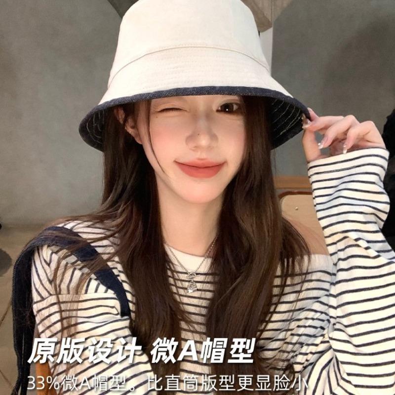 Double-sided Bucket Hat Women's Autumn Retro Denim Plain Face Small Versatile Sun Hat Advanced Sense