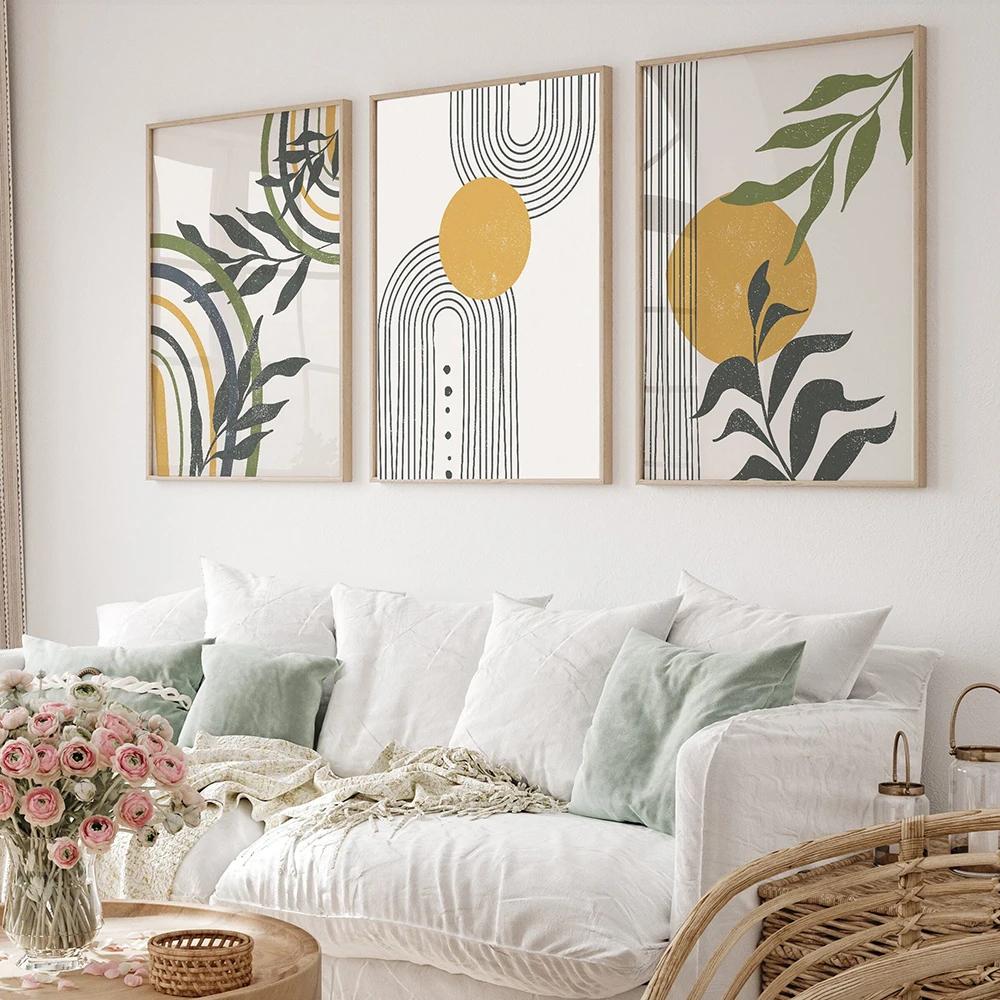 Boho Art Prints Abstract PosterLandscape Bundle Line Art Rainbow Plant Gallery Wall Pictures Sun Leaf Paintings on Canvas Decor