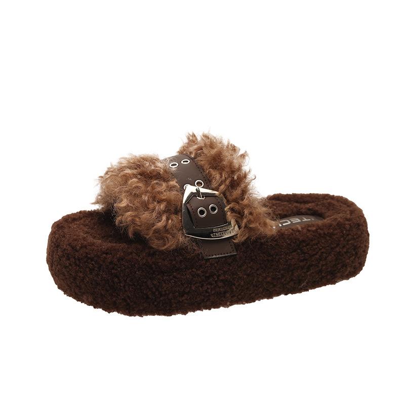 

Slip-flops for summer 2025 new plush platform fleece slippers wear retro belt buckle open-toe cotton slippers 40