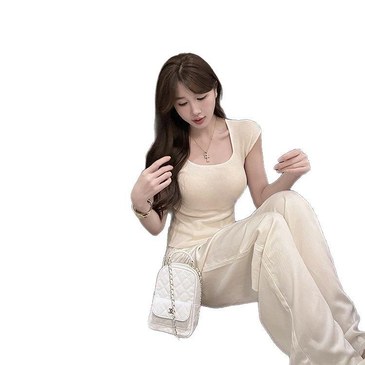 2025 Summer Women's Square Neck Short Sleeve Knit T-Shirt: Spicy Slimming Base Top