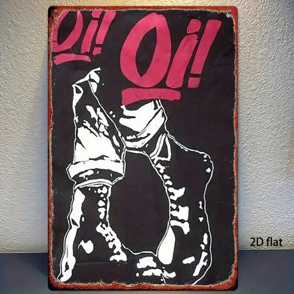 1pc Punk Metal Sign Oi! Oi! Black & Red Iron Poster, Rock Wall Decor for Garage Bar Home, Sturdy 2D Flat
