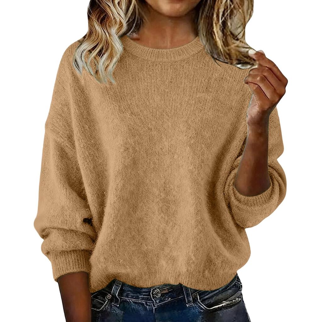 Women's Fashion Casual Loose Pullover Solid Color Round Neck Long Sleeve Knit Sweater
