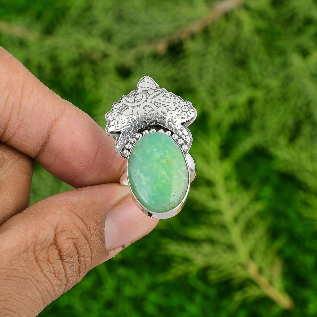 Easter Sale 925 Silver Natural Chrysoprase Solitaire Statement Wife Ring Jewelry