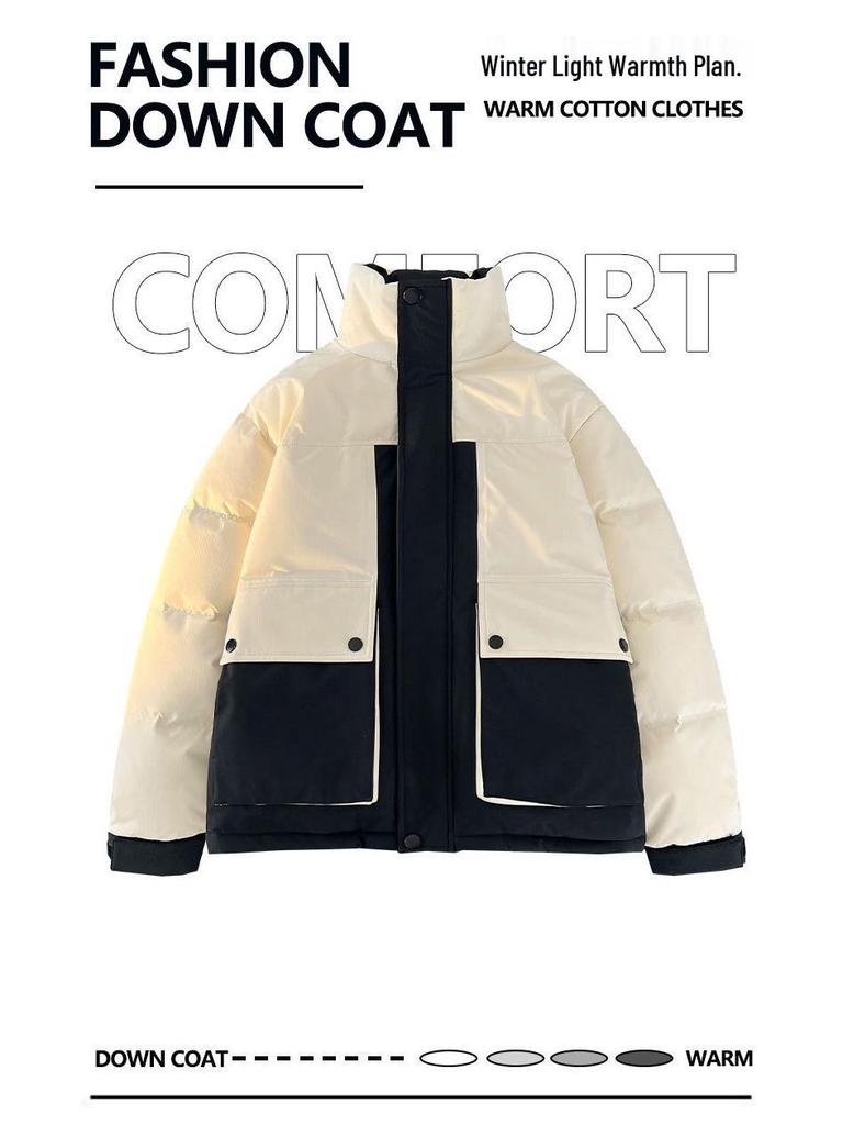 Men's Hooded Down Jacket, New Winter 2025 Color Block, Warm Thickened Workwear with Stand Collar