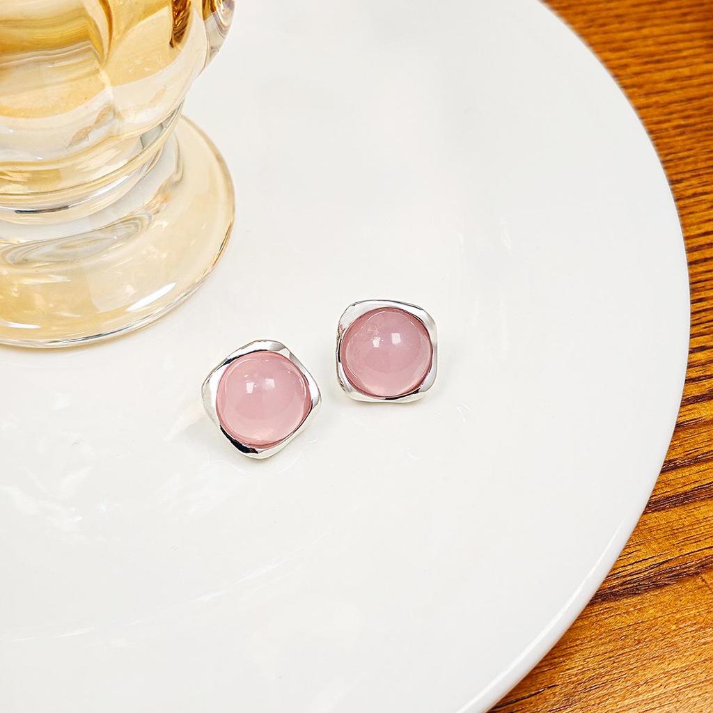Silver Needle Korean Style High-End Jelly Color Geometric Earrings – Sweet, Fresh, Versatile Square & Round Stud Design