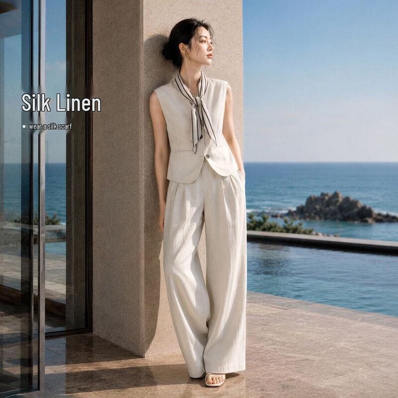 IHIMI Lyocell Linen Vest & Wide-Leg Pants Set M