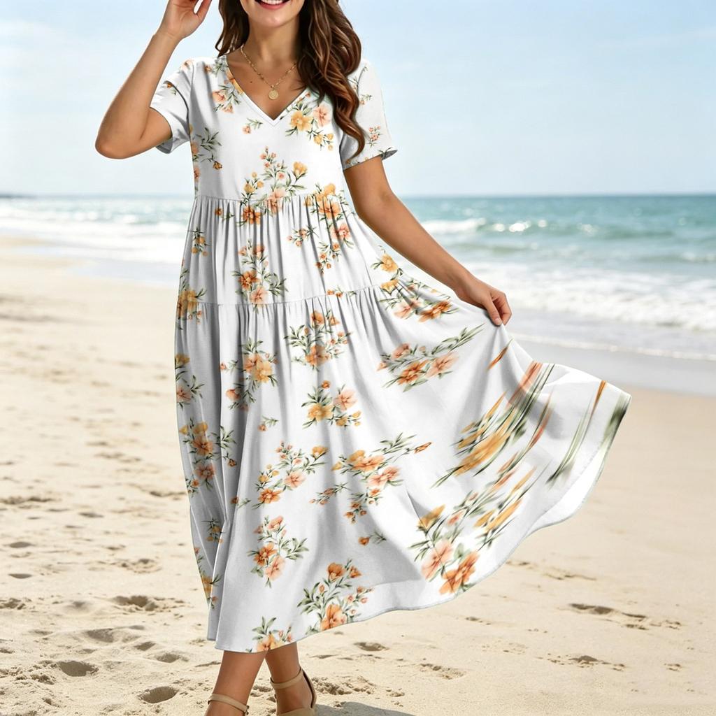 Women Casual Loose Bohemian Floral Dress Krótki rękaw Długa Maxi Summer Beach Swing Dress