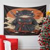 Samurai Cat with Katana and Red Sun Pattern Wall Hanging Tapestry Decorative Tapestry Home Decor for Bedroom and Living Room