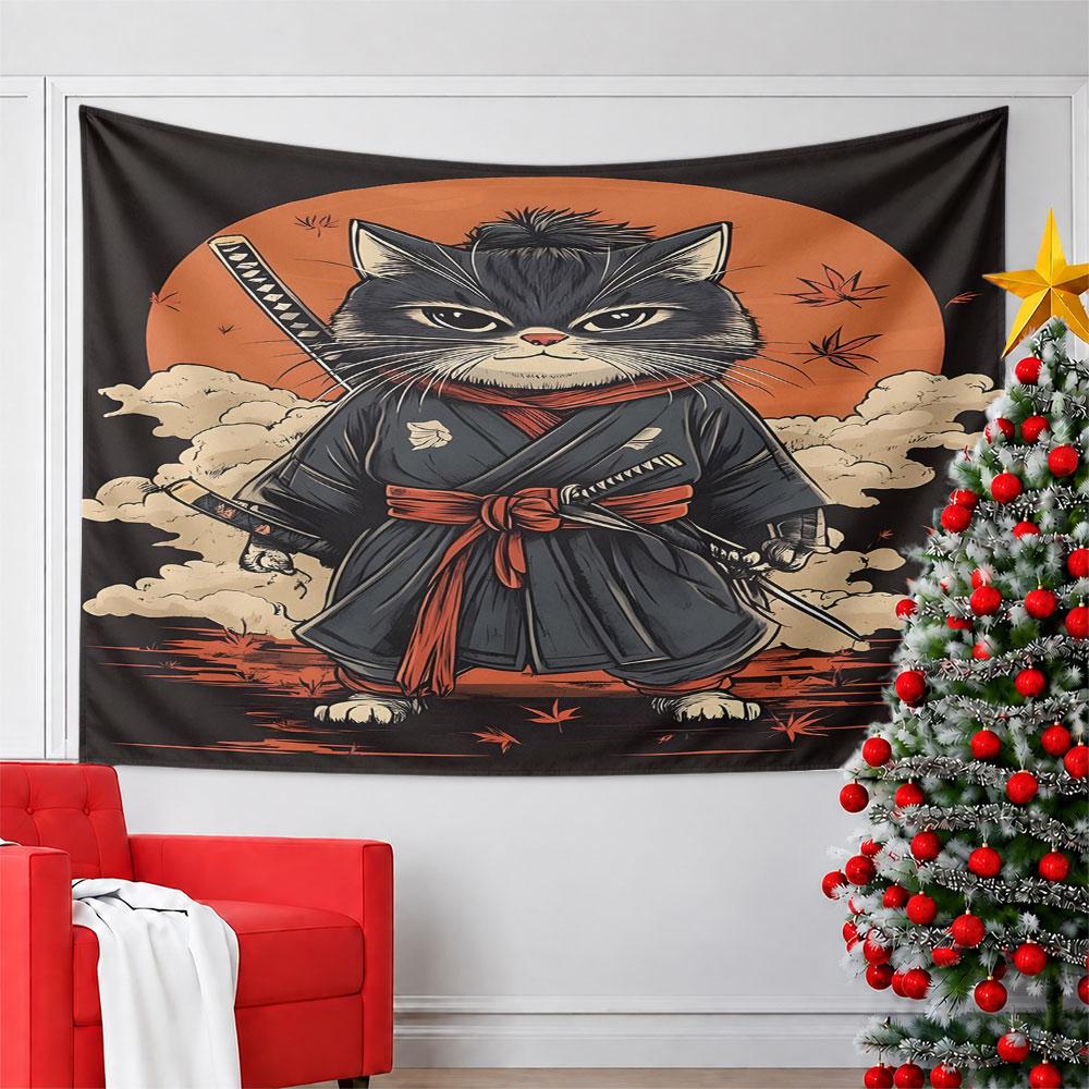 Samurai Cat with Katana and Red Sun Pattern Wall Hanging Tapestry Decorative Tapestry Home Decor for Bedroom and Living Room