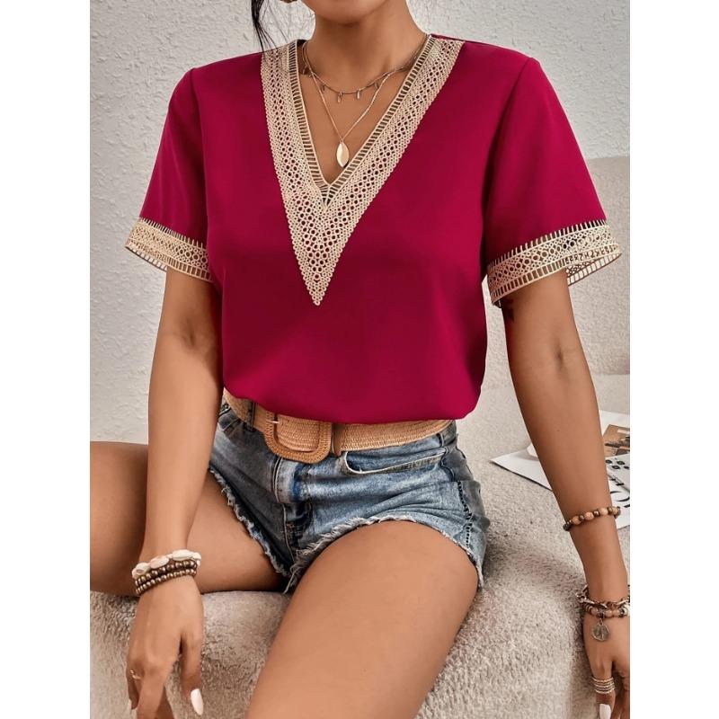 2Wish Women's Collar Lace Loose Top Commuter Short Sleeve Shirt Women's Style