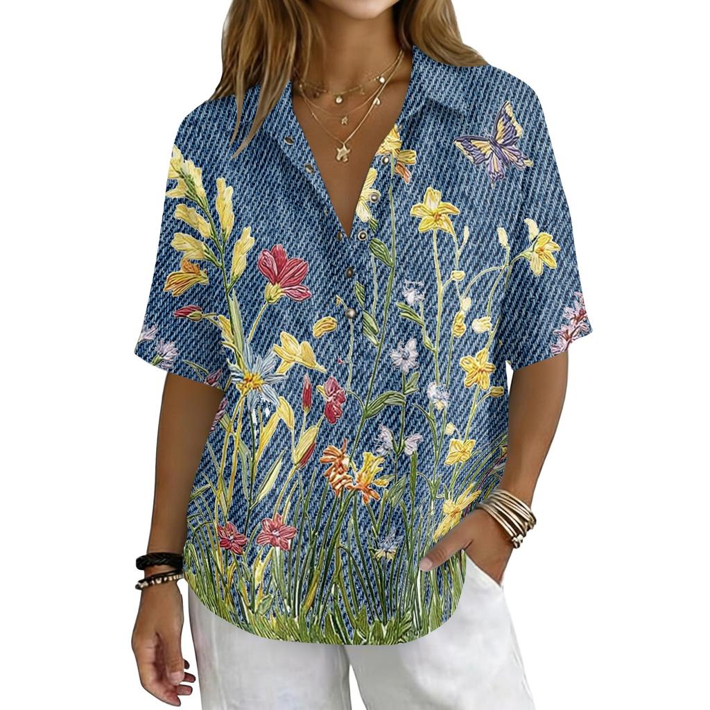 Women Vintage Floral Print Short Sleeve Shirt Loose Fit Button Down Collar Top Casual Linen Cotton Blend Blouse