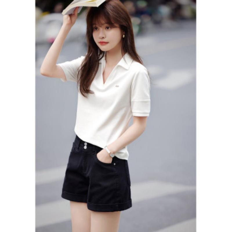

Casual POLO Collar Short-sleeved T-shirt Summer New Front Shoulder Short-sleeved T-shirt S слоновая кость