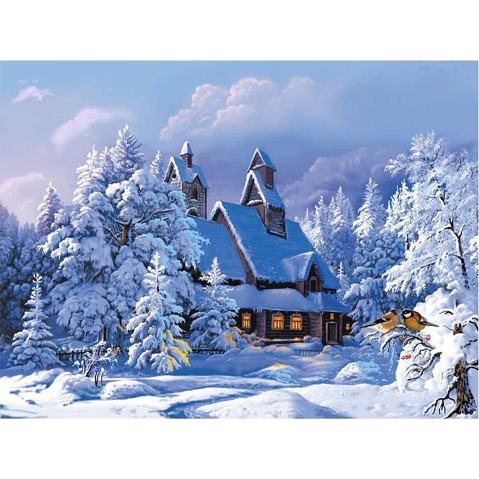 5D DIY Diamond Painting Landscape Winter House Full Round Rhinestone Embroidery Cross Stitch Kit Mosaic Picture Decoration Gift