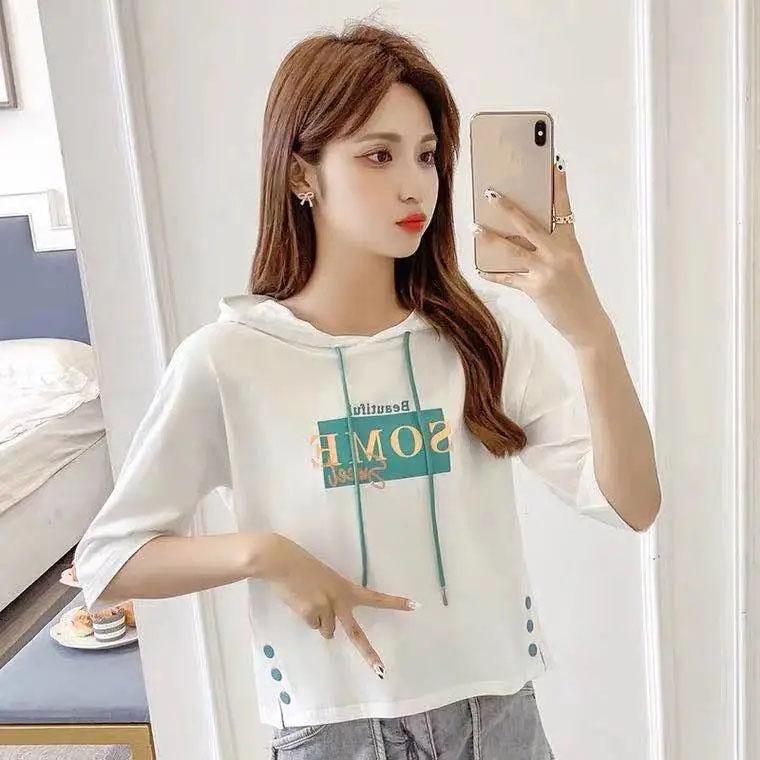 Short Sleeve 7 / 3 Sleeve Hooded Sweater Women's Middle Sleeve Spring and Summer Korean Loose Hooded Top