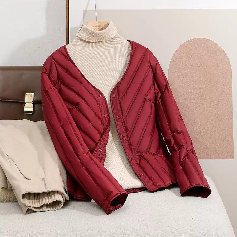 

Пуховик женский короткий легкий подкладка осень и зима круглый вырез повседневная куртка куртка 4XL бордовый