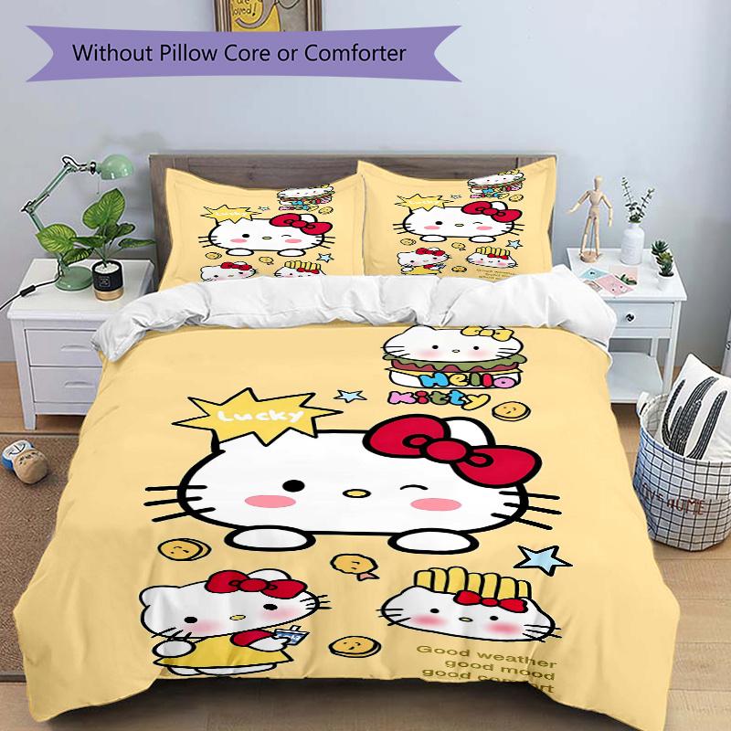 3pcs Lucky Hello Kitty Bedding Set Includes 1 Quilt Cover and 2 Pillowcases, Comfortable Bedding with Stylish Design for Bedroom W059