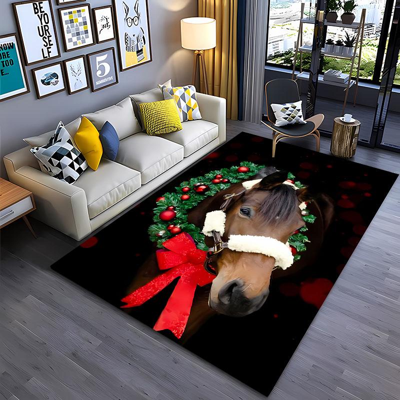 3D tištěný vánoční koberec s koněm pro domov, obývací pokoj, dětskou ložnici, pohovku, rohožka, kuchyňský podlahový koberec, protiskluzová dekorační podložka, teplý dárek