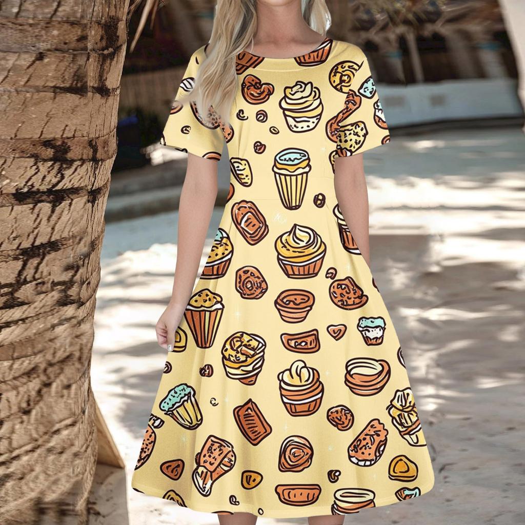 Women's Casual Fashion Dress Animal Floral Print Round Short Sleeve Waist Mid-Length Swing Dress (with Zipper)