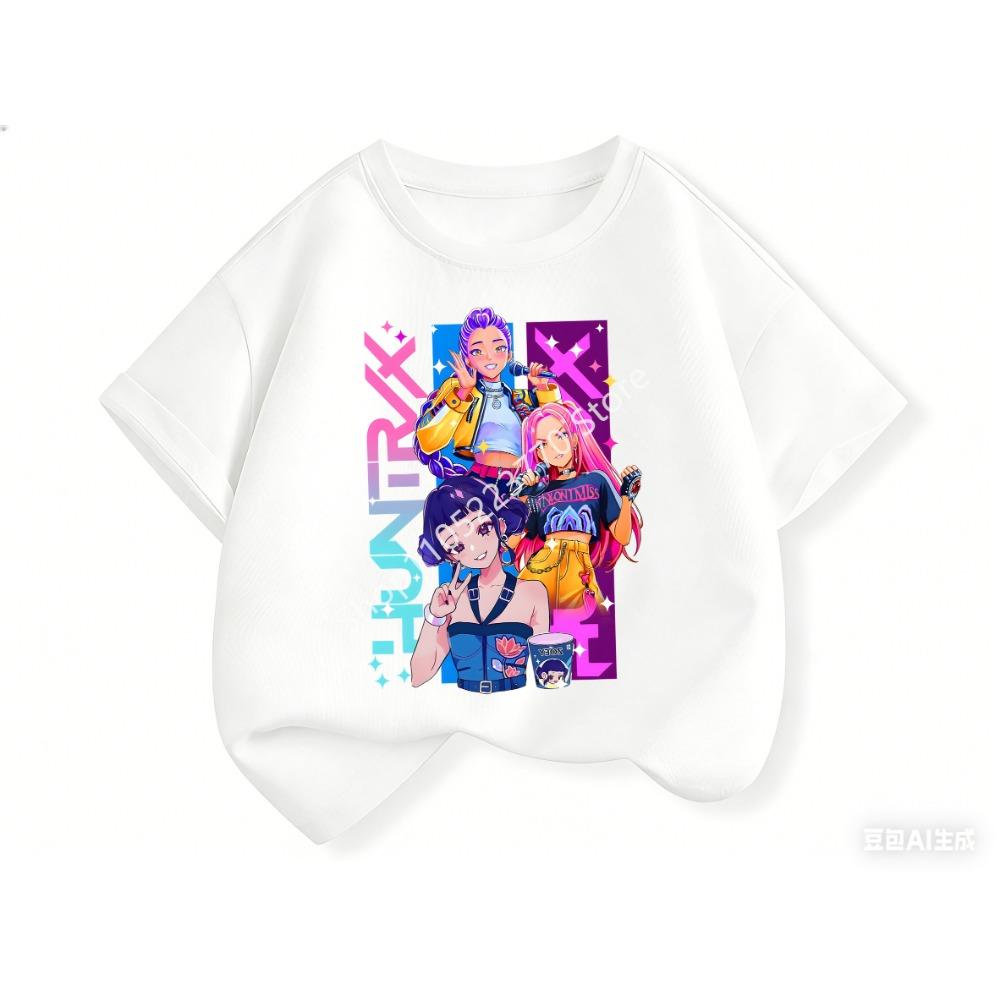 2026 Fun Huntrix Kpop Dämonenjäger T-Shirt für Jungen Mädchen Fans Geschenk Sommer Rundhals Kurzarm T-Shirts Mode Kinder T-Shirt