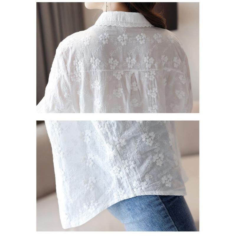 Women's White Embroidered Chiffon Shirt Long-Sleeve Casual Loose Blouse