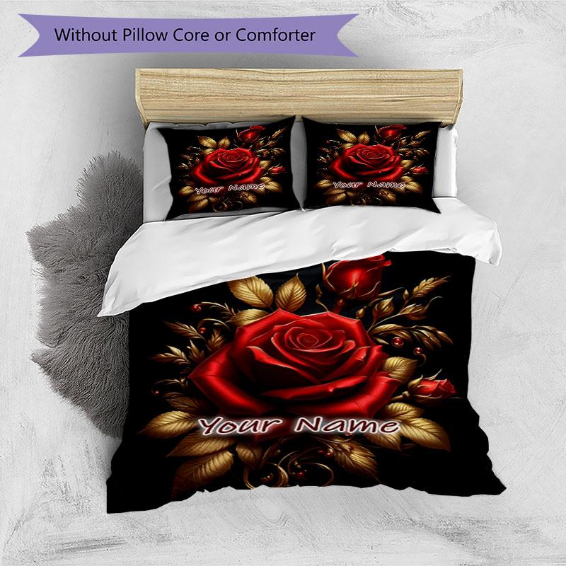 3PC Custom Name Roses Elegance Bedding Set Printed Bedding Set Duvet Cover Closure Includes 1 Duvet Cover & 2 Pillowcases for All Seasons Bedroom