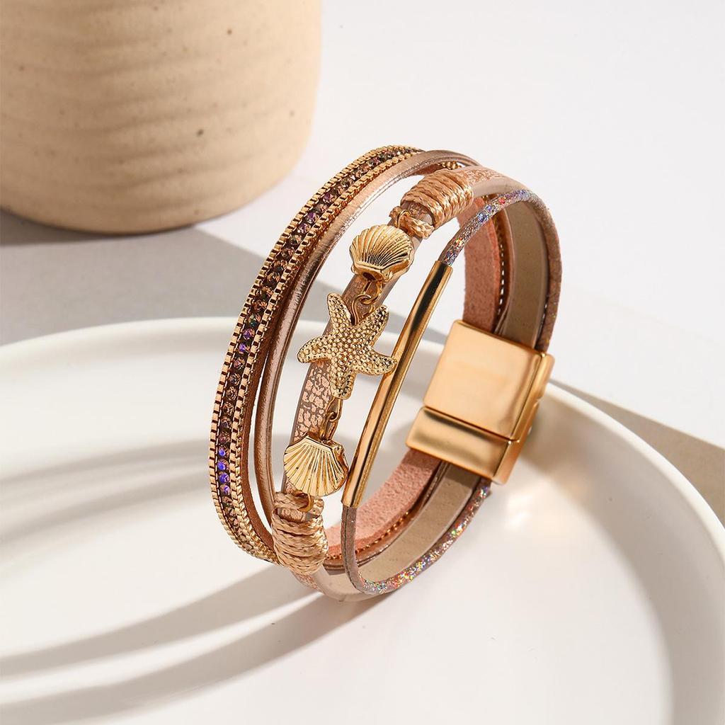 Handmade Bohemian Starfish Seashell Leather Bracelet for Women