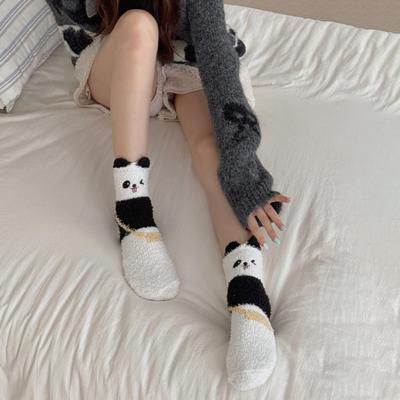 1/5 Pares Calcetines para Dormir Diseño Panda de Dibujos Animados Espesos de Terciopelo Coral Cálidos Calcetines de Invierno de Media Caña Calcetines de Piso