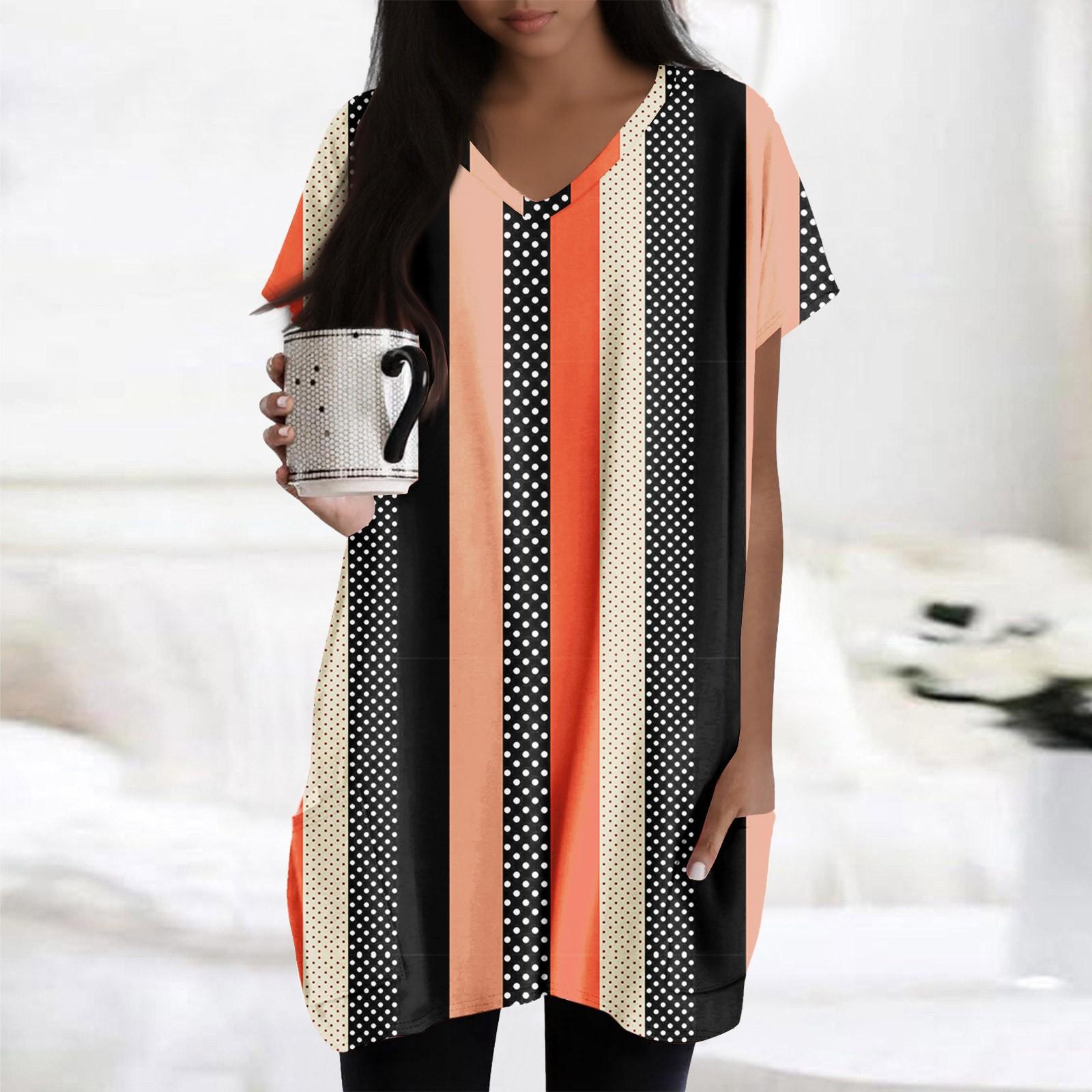 

Womens Tops V-neck Short Sleeve Blouses Casual Mid-length Shirts Fashion Print Tunic Tops With Pockets M шафрановий