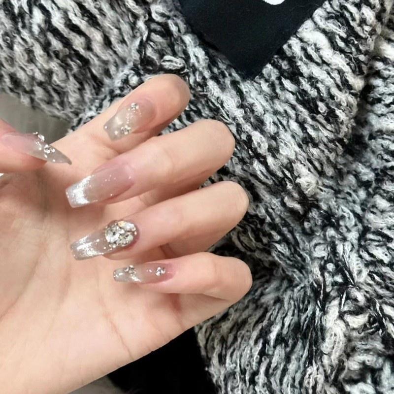 

Французский кот Искусственный глаз Точка Бриллиант Длинный Блестящий Стиль Ноготь Носимый Маникюр S