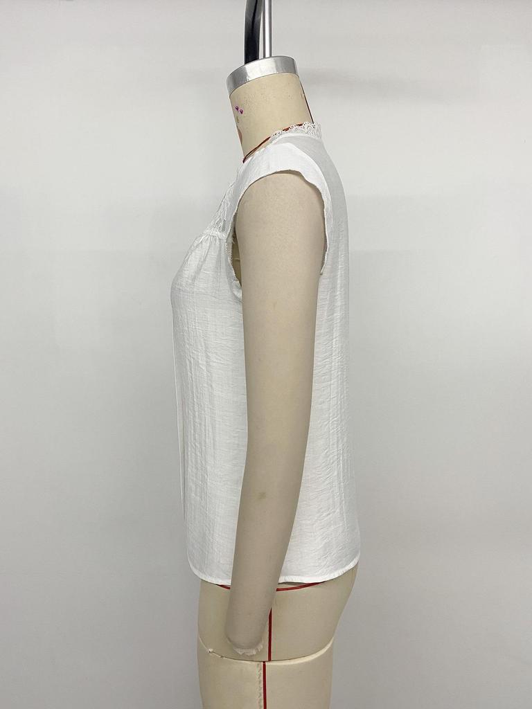 Europe Summer 2026 White V-Neck Puff Sleeve Lace Spliced Top for Women