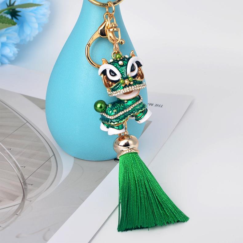 Chinese Red Tassel Dancing Lion Keychain with Rhinestone Charm
