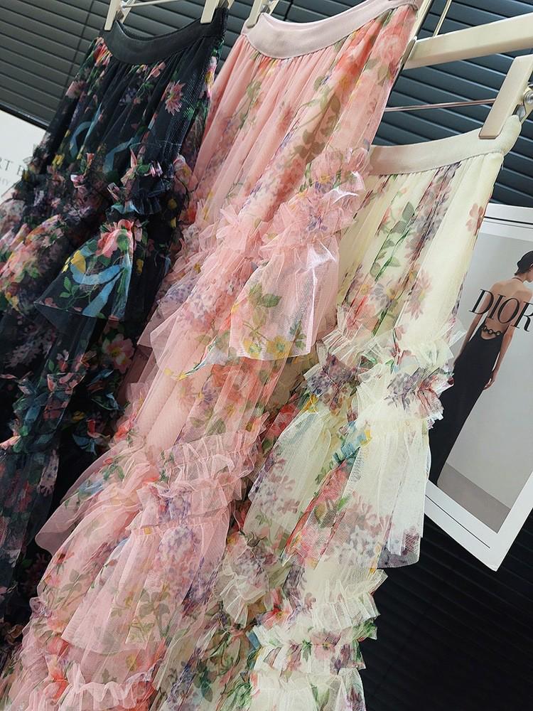 Dam Blommig Patchwork Mesh Puffig Kjol - Ny Europeisk & Amerikansk Stil