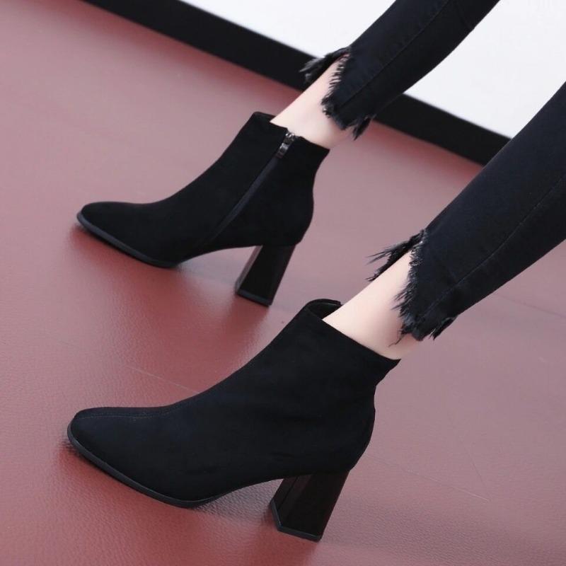 Coarse Heel Short Boots Women's New Autumn Single Boots High Heel Suede Women's Round Head Short Boots Comfortable and Versatile Martin Boots