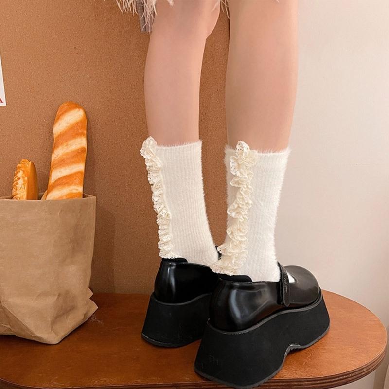Lolitas Cute Ankle Dress Socks Fuzzy Booties Socks Sweet Ruffle Frilly Crew Socks JK Uniform Loose Socks for Womens