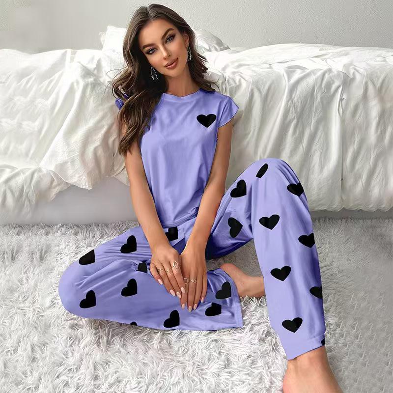 2025 European Women s Heart Print Pajama Set: T-shirt & Long Pants