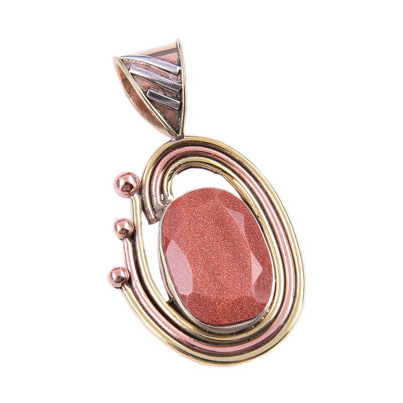 Natural Sunstone Gemstone 925 Solid Sterling Silver Two Tone Pendant 1.50" k7J62