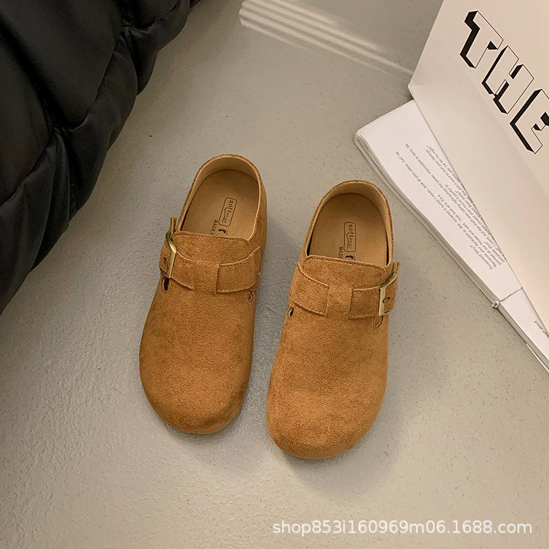 Retro Matte Borken Shoes Women's 2025 Autumn New Flat-bottomed Buckle Casual Inner Height Increase One-pedal Loafers Women