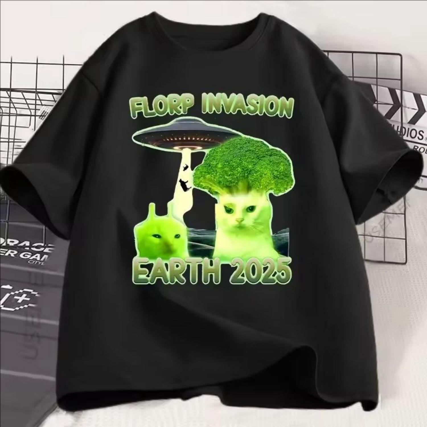 

Funny Alien Brainrot Cat T-Shirt Broccoli Cat Printed Tshirt Short Sleeve Round Neck T Shirt Women s Clothes Streetwear XXXXXL чорний