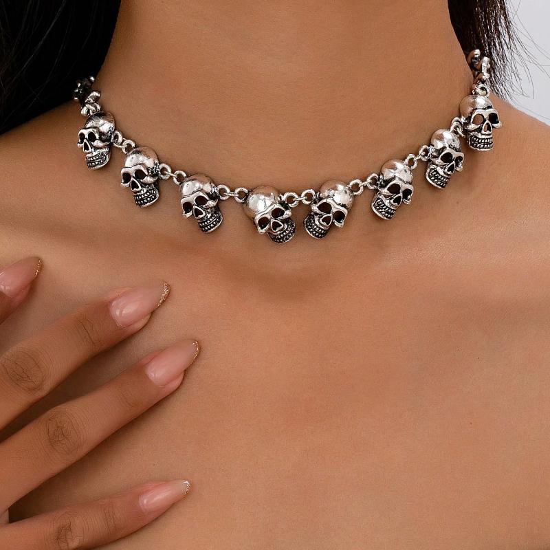 Gothic Style Exaggerated Multiple Skull Connected Choker Necklace Unique Skull Halloween Gift Accessory Charm Quirky