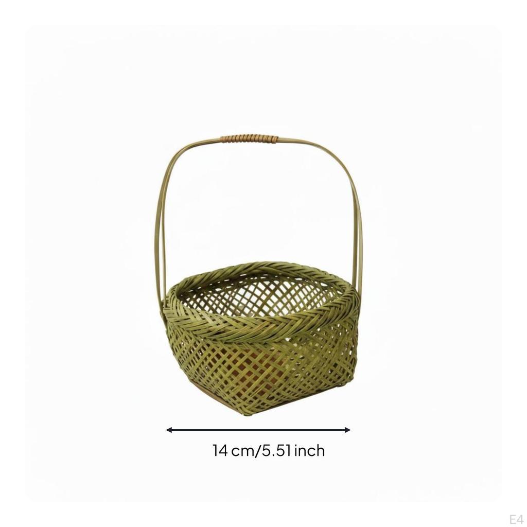 Woven Bamboo Basket Handmade Shallow Carrying Arched Handle Round Wicker Tray for Gift