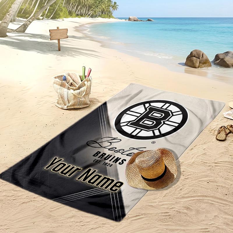 Boston Bruins Custom Beach Towel, Print Your Name Text Lightweight Absorbent Towel for Swimming Travel