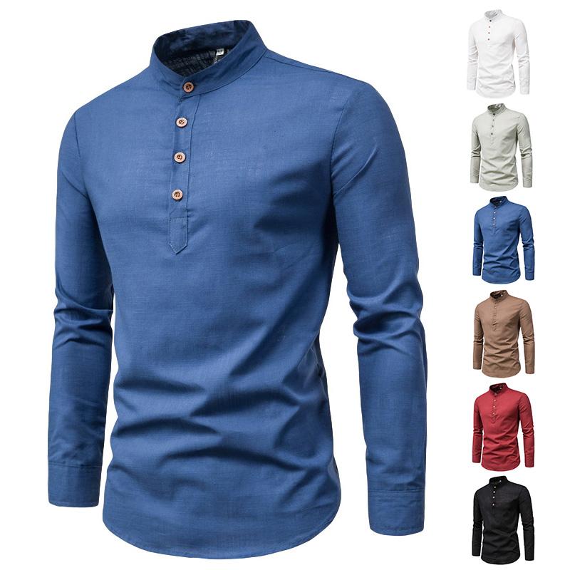 Cotton Linen Men's Long-Sleeved Shirts Summer Solid Color Stand-Up Collar Casual Beach Style Oversized